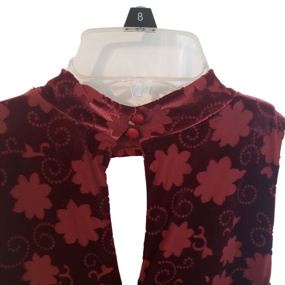 Vtg 90s Y2K Velvet Floral A-line Skater Dress Sleeveless Grunge Boho Maroon Sz S - Picture 3 of 8